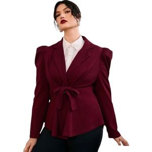 Plus Size Burgundy Knot Front Blazer with Puff Shoulders